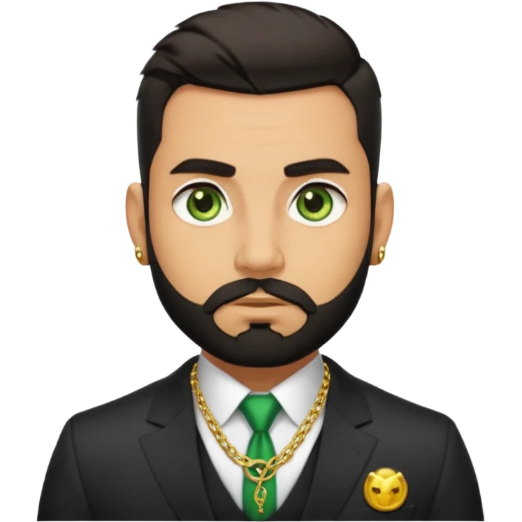 green eyes, dark short hair, muscular shoulders, gold chain, big lips big nose big eyes, masculine good looking, dark beard wearing a suit buttons of the shirt open and olive skin tone  emoji