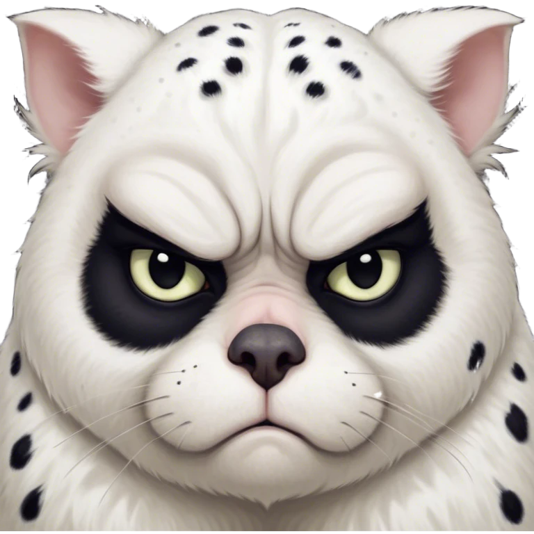 Cinematic Meme-Worthy Grumpy Dalmatian Portrait Emoji, Head held high but eyes filled with dramatic disappointment, smooth white fur speckled with striking black spots, deeply furrowed brow forming an unmistakable scowl, floppy ears slightly angled back in disapproval, piercing dark eyes glaring with pure exasperation, Simplified yet hilariously over-exaggerated features, highly detailed, glowing with an aura of supreme annoyance, high shine, exhausted yet judgmental, stylized with an almost regal pettiness, bright but brooding, soft glowing outline, capturing the essence of a companion that has seen it all and is thoroughly unimpressed, so meme-worthy it feels like it could instantly become the next viral sensation of grumpiness! emoji