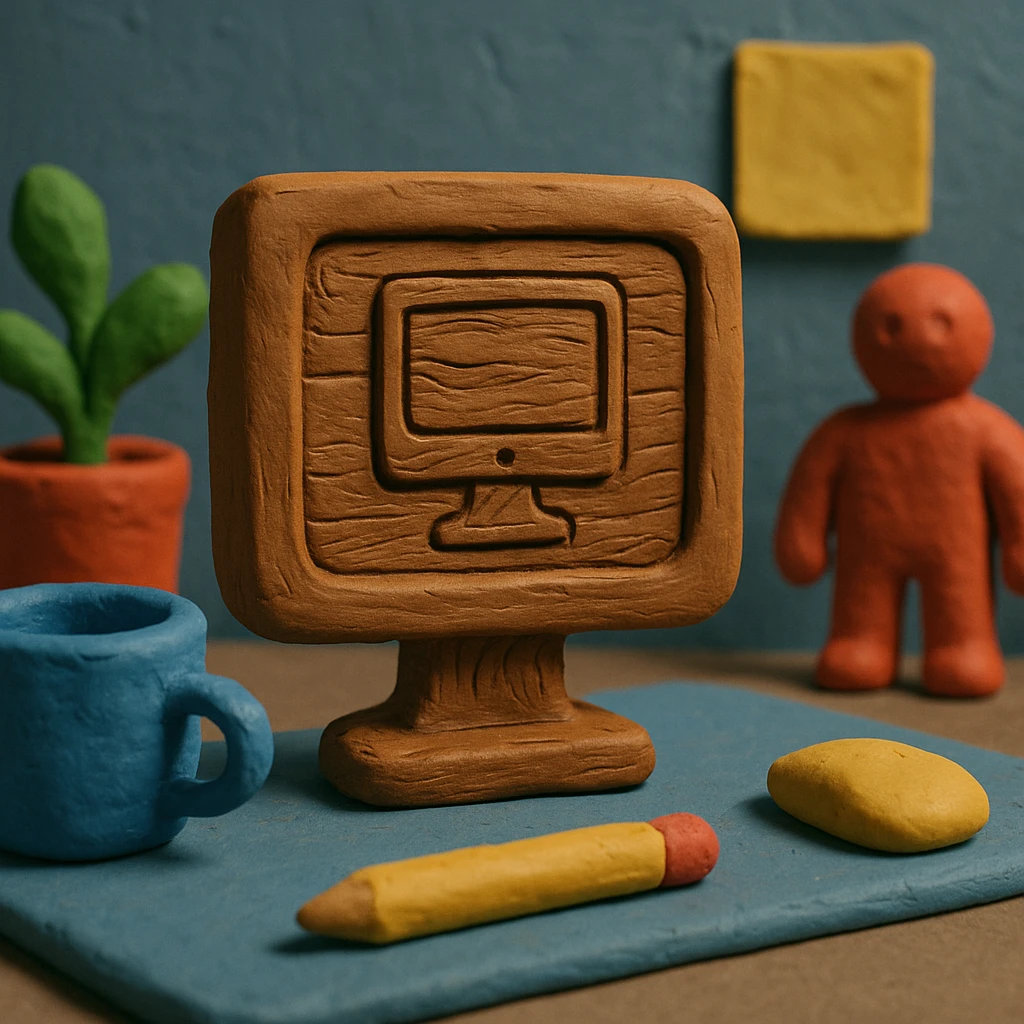 Make the computer monitor icon look more like it is carved from wood, with visible wood grain, natural brown tones, and carved details, in a claymation style. emoji