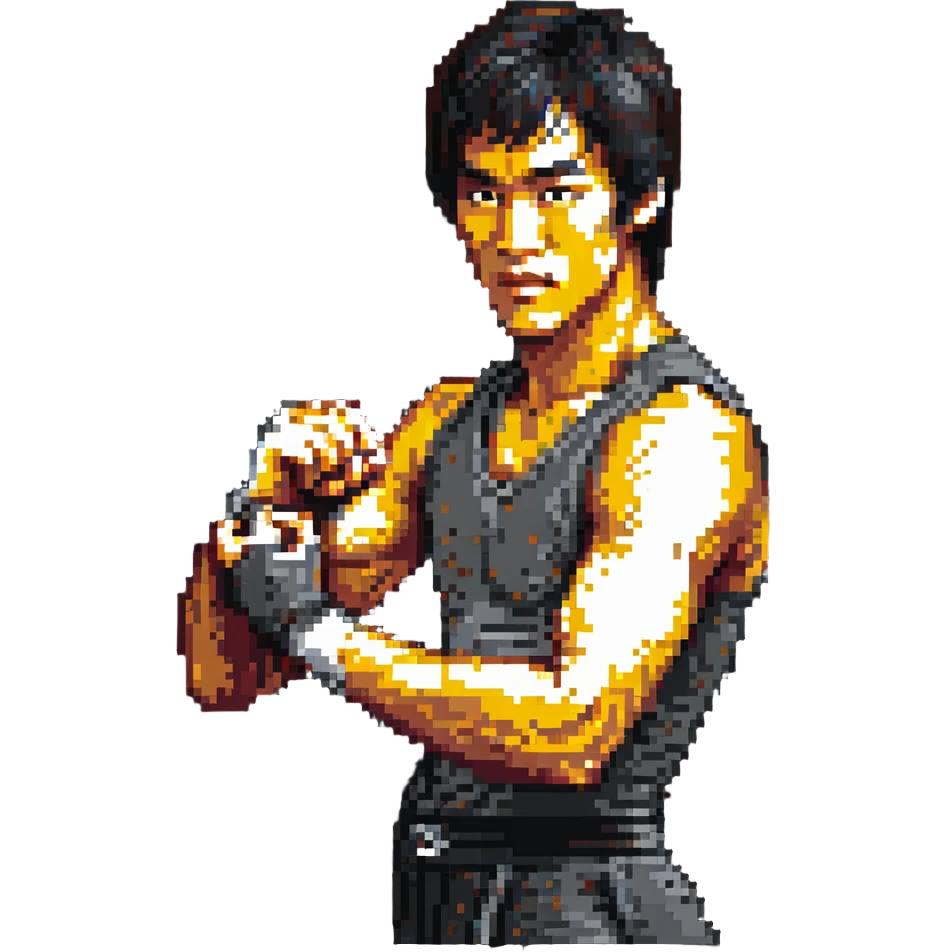 Bruce Lee with focused expression hands in Jeet Kune Do pose emoji