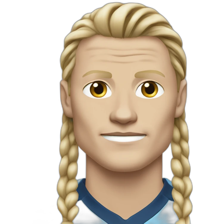 Realistic Erling Haaland has long hair, catogan. He is wearing Manchester City football shirt emoji