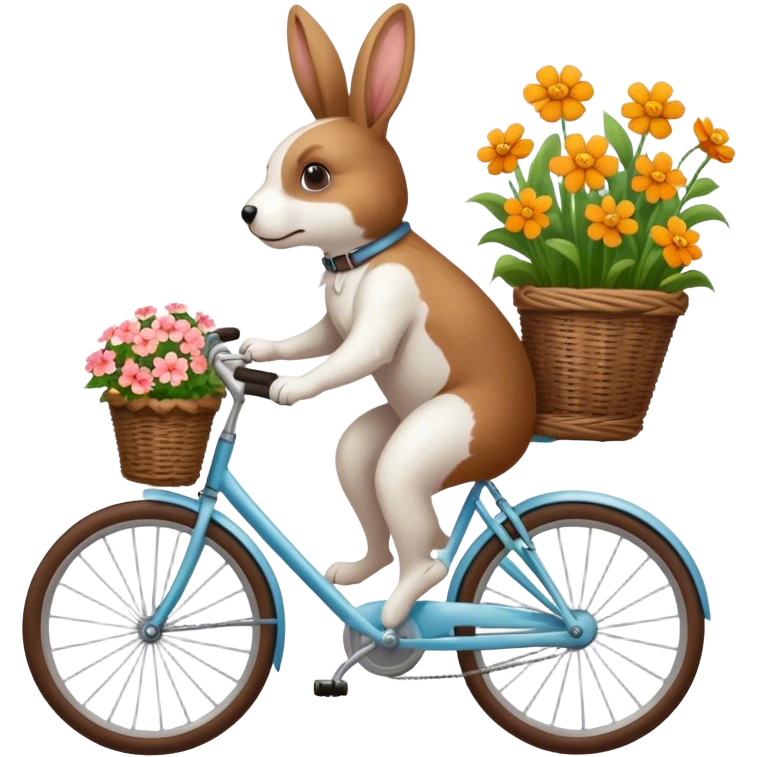 Dog in a flower basket of a bike wich is cycling of a rabbit emoji