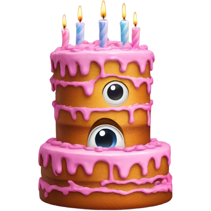 A big cake stacked on top of eachother with 3d eyes and has candles as its legs emoji