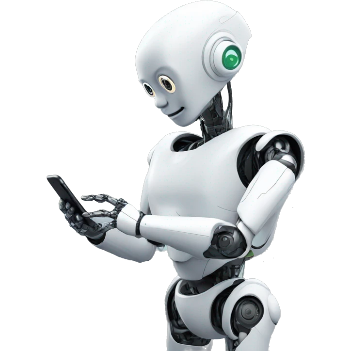 a humanoid robot looking at his iphone emoji