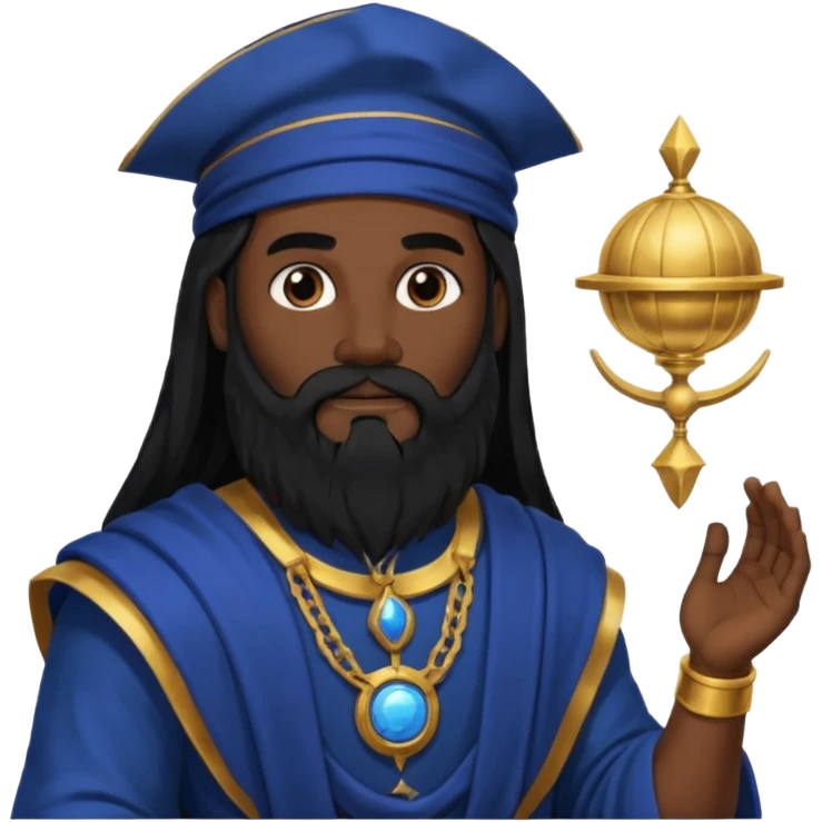 Saturn, Time God from Rome Mythology with long black hair and beard, black and dark blue outfit emoji