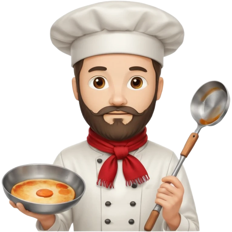 Bearded Chef – wearing tall white hat, red scarf, holding frying pan emoji
