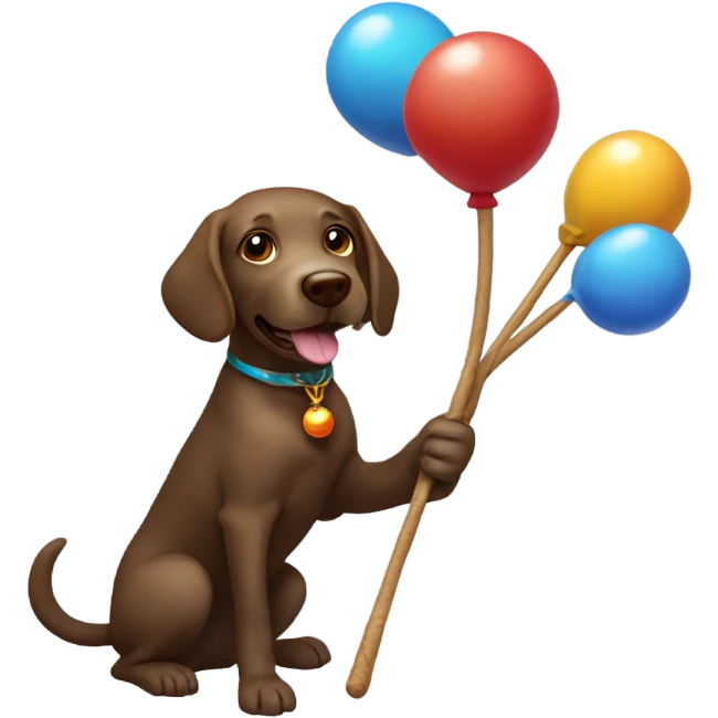 brown labrador with a clown afro riding a magic wand like a broom stick emoji