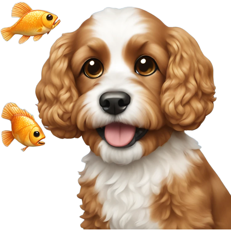 Cavapoo holding fish with chicken  emoji