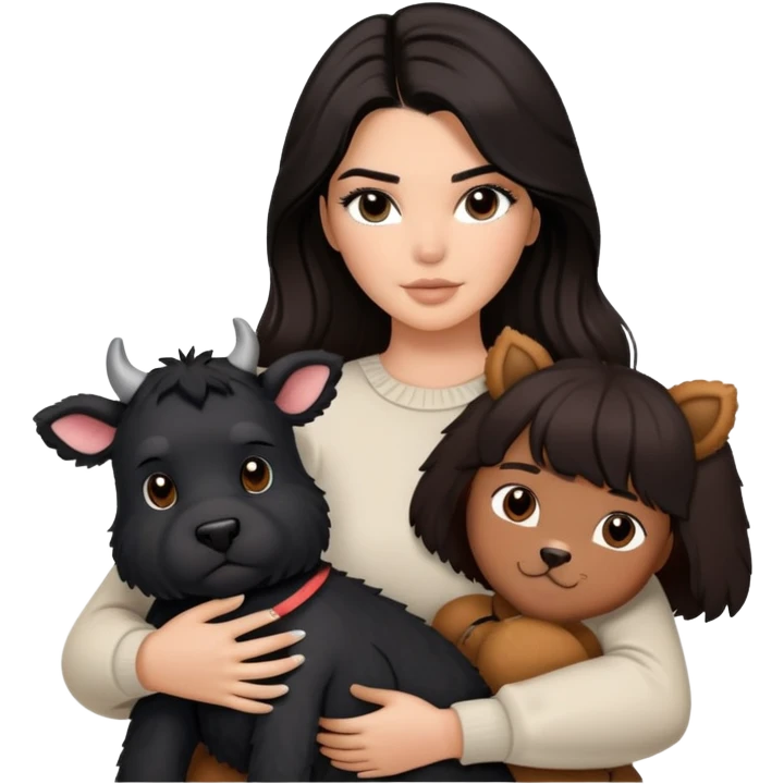 Kendall Jenner with long dark hair holding a brown teddy bear, a black schnauzer and a cow cat in her arms emoji