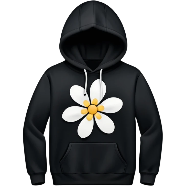 The BLACK Hoodie has a solid black base, accented with distinctive white open flower spots. Each flower has an empty space in the center, creating a hollow, ring-like appearance. These patterns are scattered across the hoodie for a bold and unique design. emoji