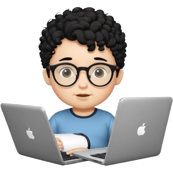 A baby boy DEVELOPER WITH A laptop, black curly hair and topknot, wearing glasses emoji