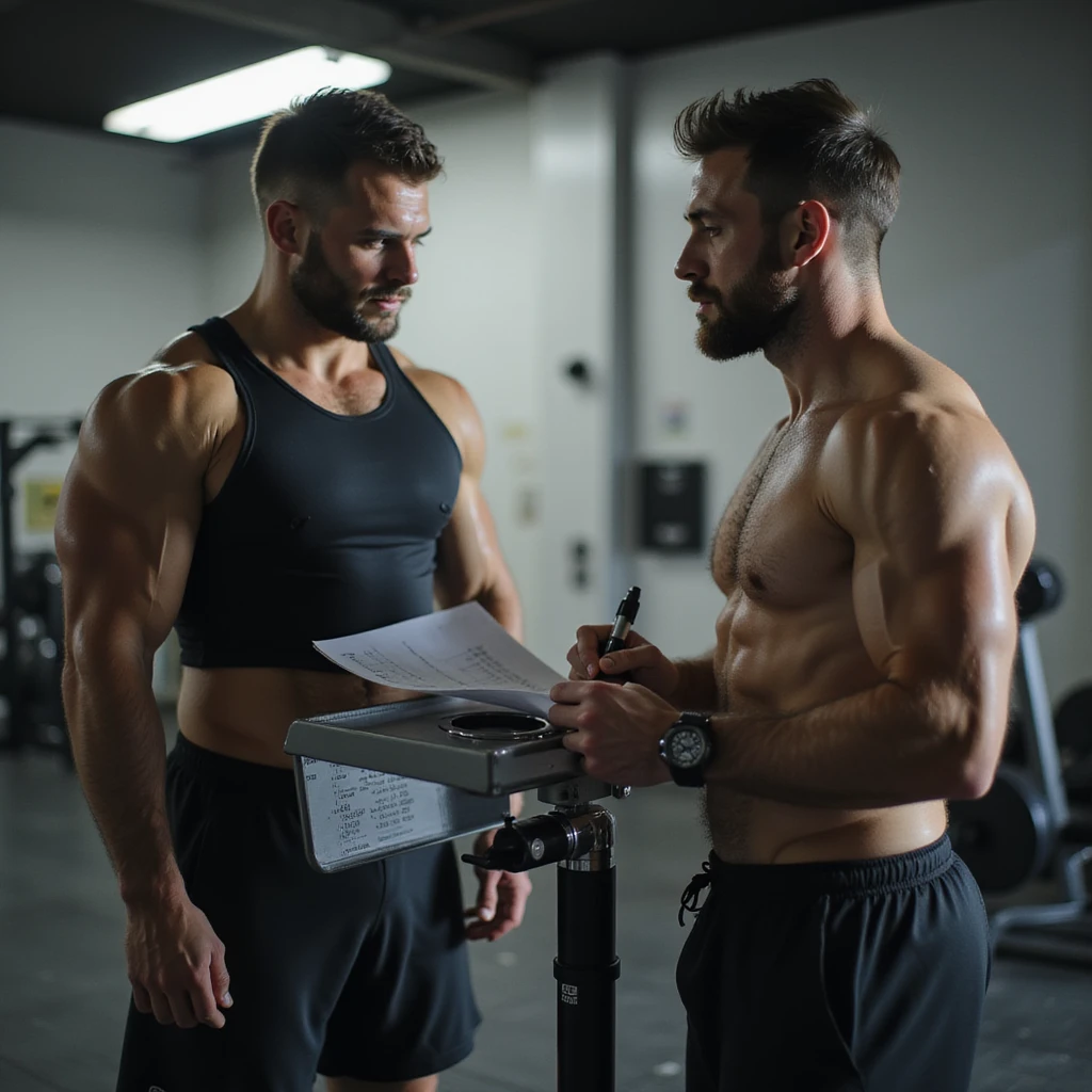hyperrealistic 4K scene of athlete weighing on scale, coach noting data on monitoring sheet, gym environment, detailed emoji