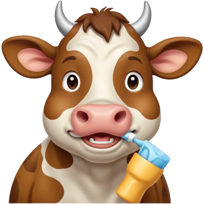 A cow brushing its teeth, looking sleepy and drowsy, portrait, bust up emoji