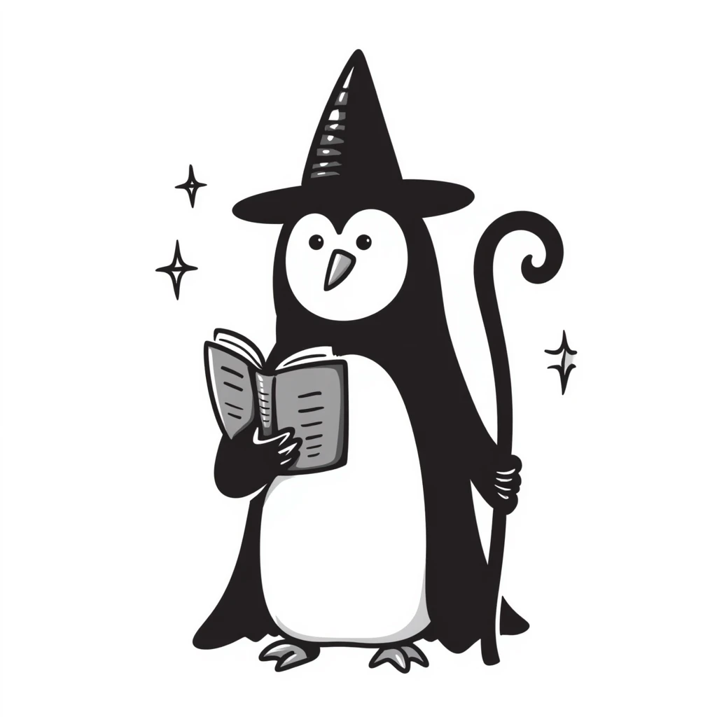 Penguin wizard with pointed hat, magical staff, and spell book emoji