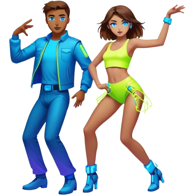 Neon cyberpunk style 
girl with brown hair and blue eyes dance with man emoji
