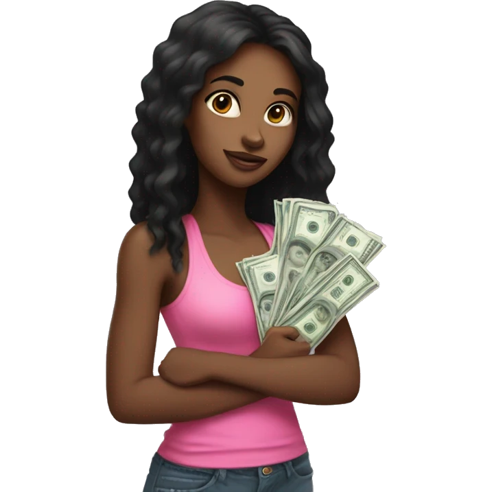 Black girl with long black hair and pink tank top on holding lots of money  emoji