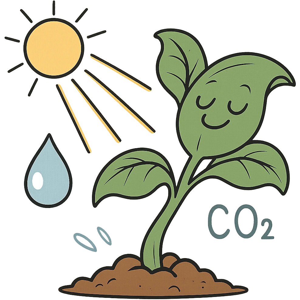 cartoon-style whole plant absorbing sunlight, with subtle hints of water and CO2, transparent background emoji