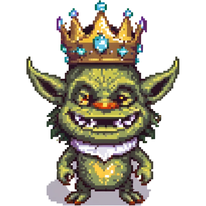 happy goblin king, pixel art, grinning, small crown emoji