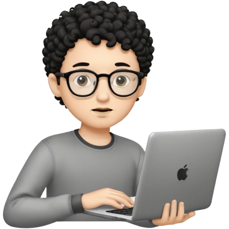 A young boy DEVELOPER WITH A laptop, black curly short hair, wearing glasses, a thin goatee, his skin is white emoji