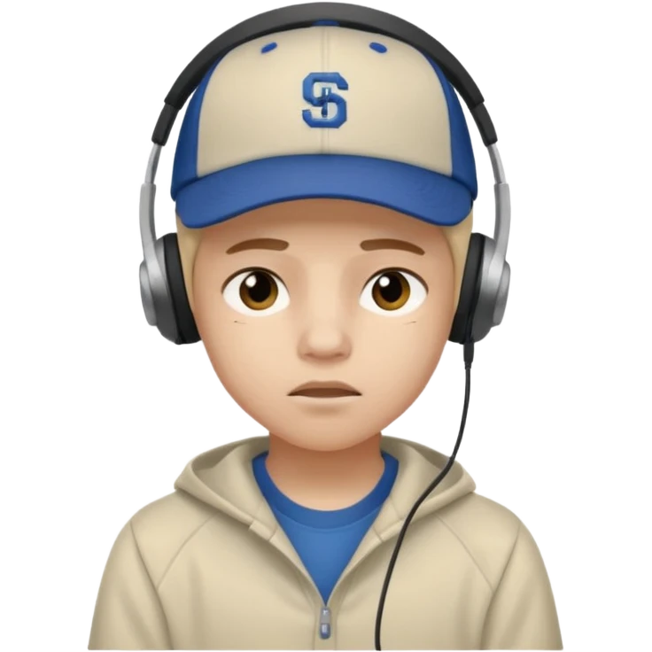 Adolescente com fone no ouvi é um boné, com uma carinha de sono emoji
