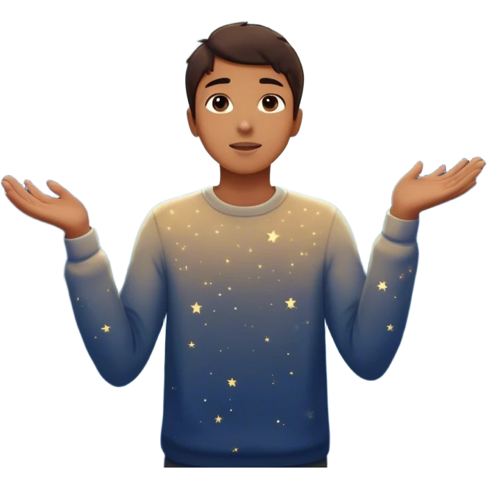 A young man stands in a vast, starry universe, surrounded by floating particles of light. Each particle represents a choice, a moment, a memory—his personal universe. He reaches out, touching one, knowing that everything he does stays in this space forever.  emoji