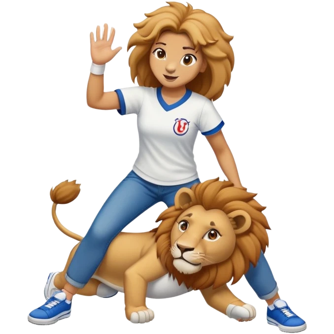 friendly anthropomorphised female lion wearing a baseball shirt, jeans, and trainers, helping another character up after falling down emoji