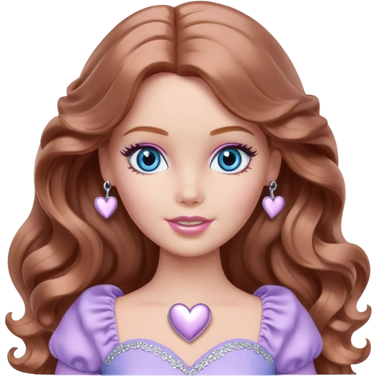 Barbie girl Chestnut long wavy hair and blue eyes is In pale purple clothes There are silver hearts all around emoji