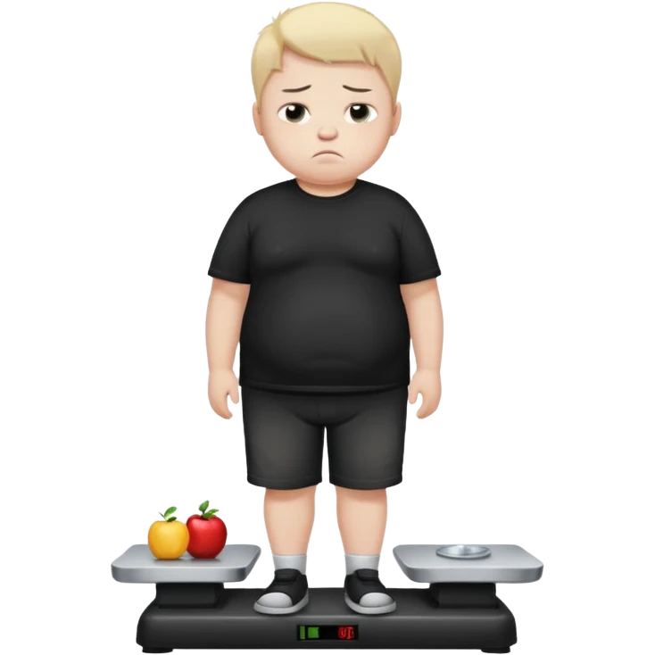 sad fat young boy in black t shirt on weight scale  emoji