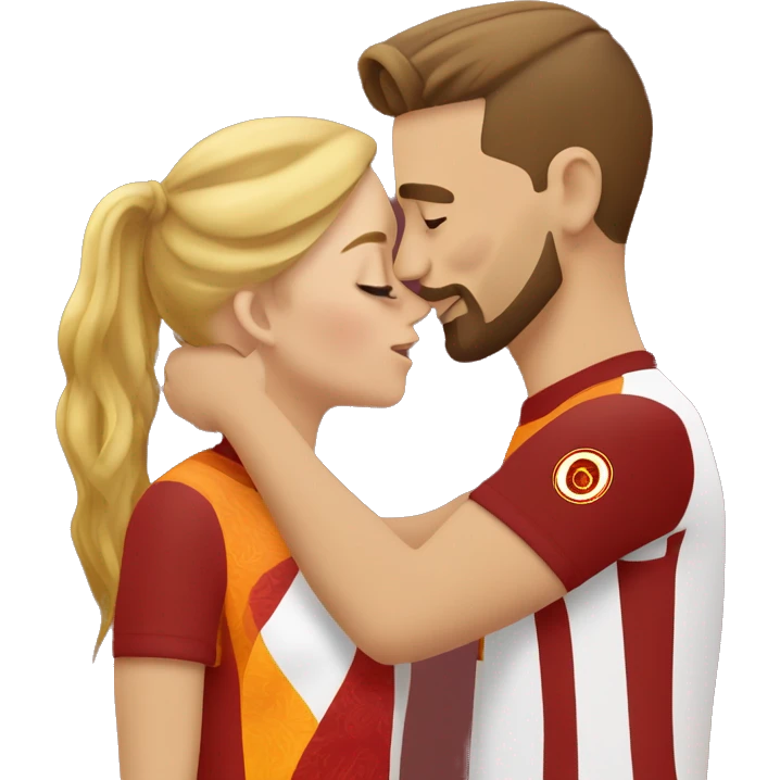 A blonde woman with a brown-haired man who has a goatee and shaved sides are kissing each other while wearing Galatasaray jerseys. emoji
