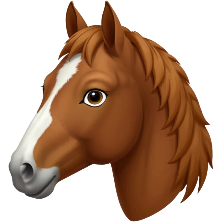 Head of a sorrel horse with a wide white blaze from his forehead, under his forelock, running down his face and under his muzzle, facing forward. White should go between nostrils and not on the side of the lips. emoji