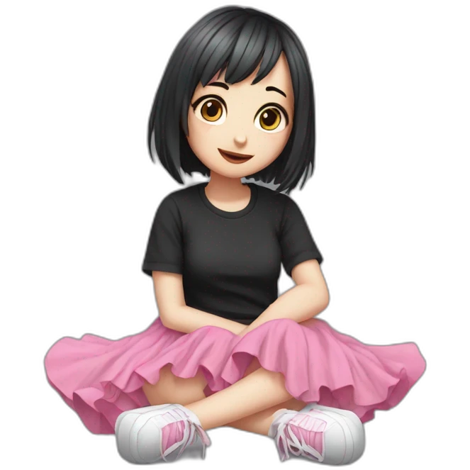 full body Front view emo girl sits on the floor black skirt pink knickers emoji