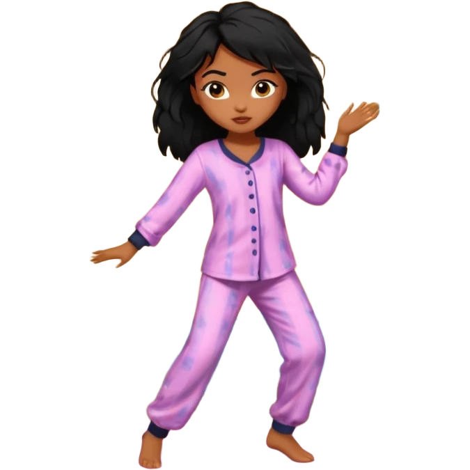 generate a pretty bratz brown skinned girl with messy black hair in pyjamas dancing in room emoji