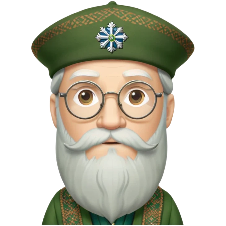 Dumbledore wear green scotland Tam o'shanter cap with decorative patterns, wear glasses, very long beard emoji