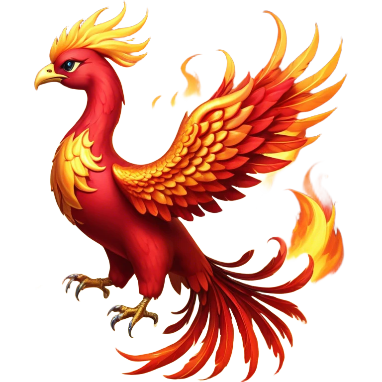 Cinematic Noble fierce & powerful Fire Phoenix Portrait Emoji, Poised and resplendent, with a radiant, fiery plumage in brilliant hues of scarlet, gold, and ember, featuring elongated, elegant tail feathers that flow like molten lava, and piercing, wise eyes reflecting the eternal cycle of rebirth; rendered with lifelike texture and luminous natural highlights, high shine, majestic and awe-inspiring, styled with an aura of mythic resurgence, focused and regal, soft glowing outline, capturing the essence of a legendary phoenix rising from the flames with timeless grace! emoji