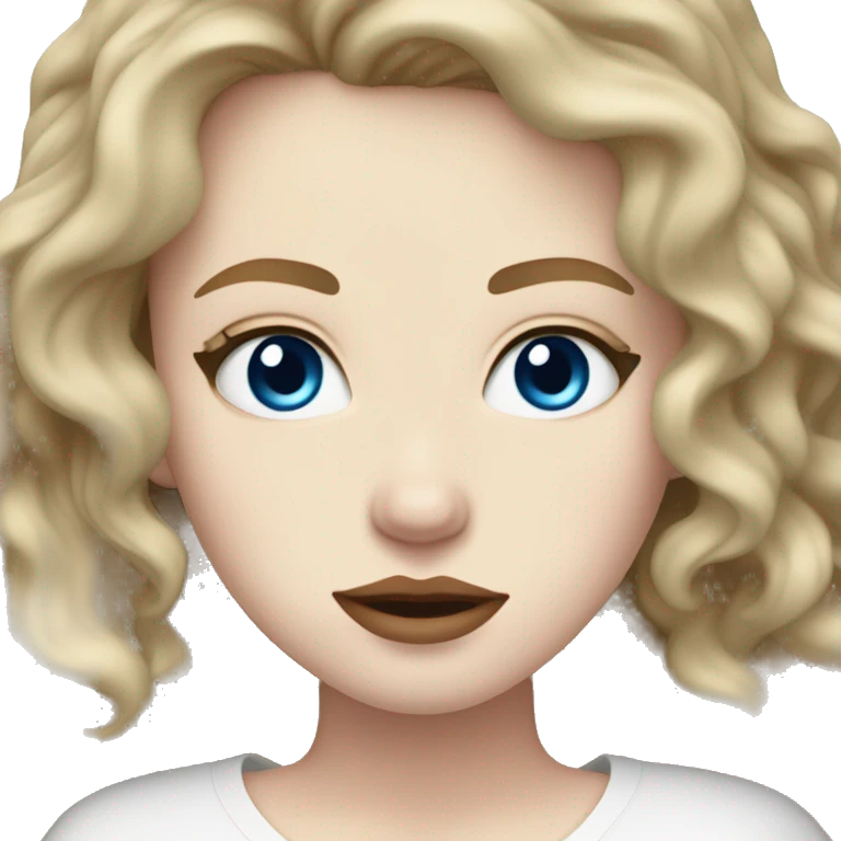 very pale skin, very wavy dark blonde hair, blue eyes, big lips, white shirt emoji