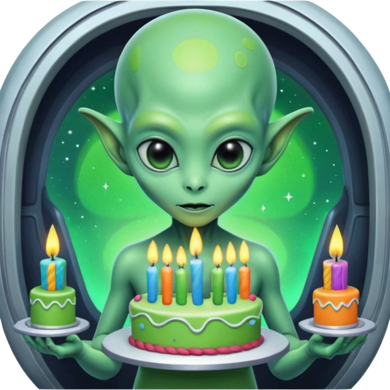 A detailed alien holding a colorful birthday cake with lit candles, standing inside a futuristic spaceship, cinematic lighting, ultra realistic textures, high resolution, dramatic shadows, sci-fi atmosphere
 emoji
