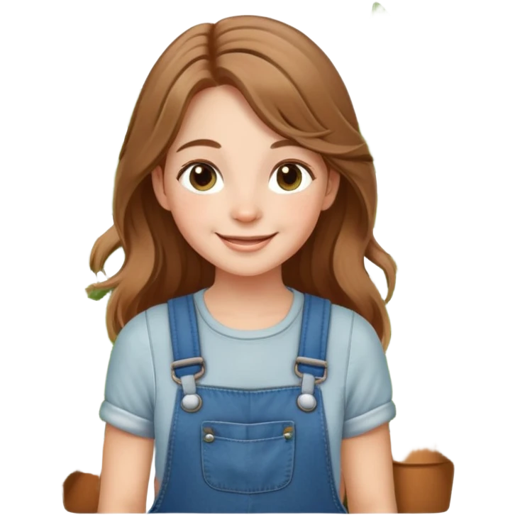 Fair skin, light brown hair, farm girl with dungarees, plants around, smiling emoji