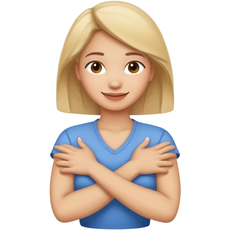 Smiling woman with crossed arms holding neck emoji