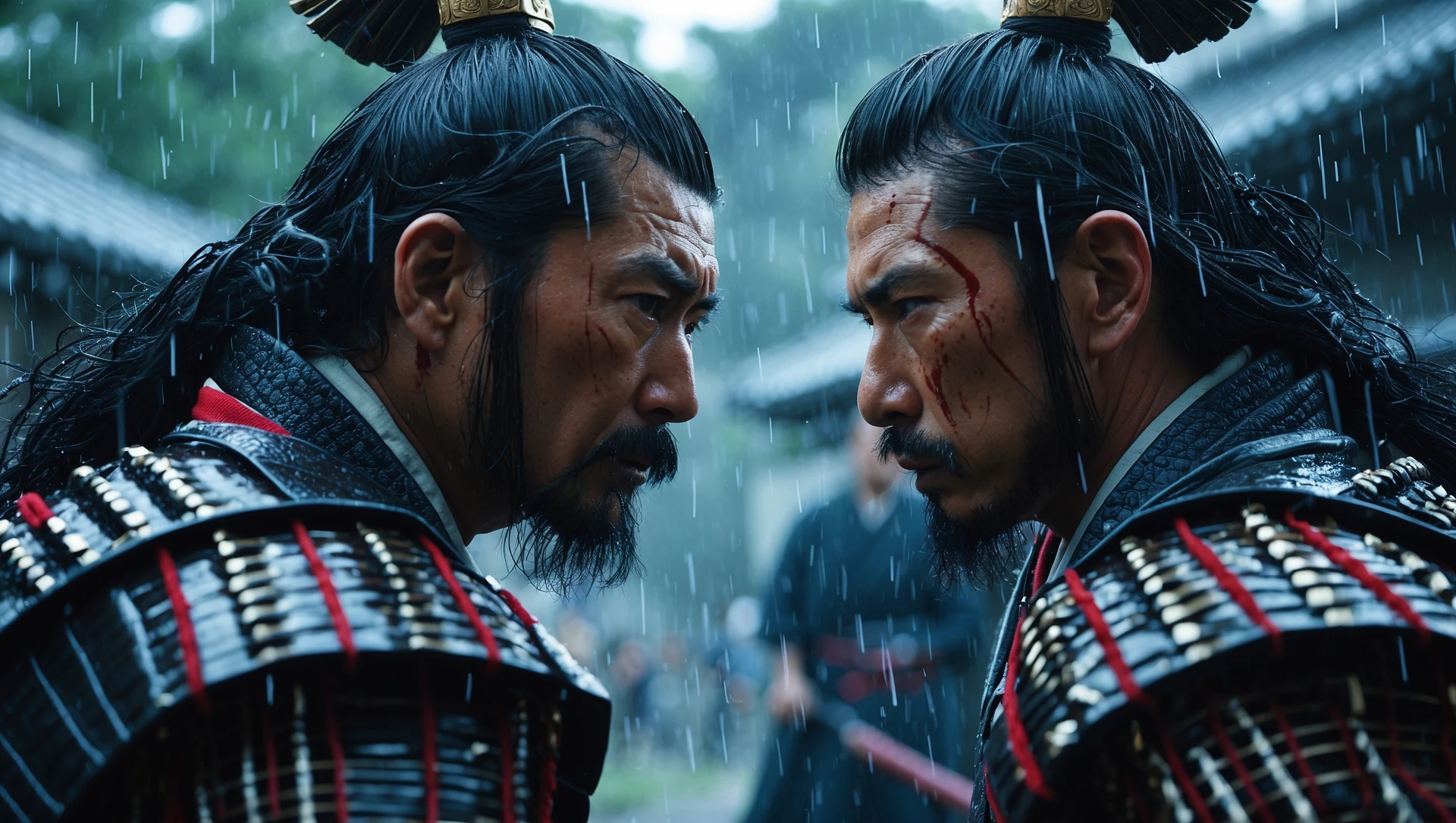 A cinematic scane of a two japan samurai face to face ready to fight during rain, Medium shot, deph composition, tense atmosphere, shot by arri alexa, film directed by wes anderson emoji