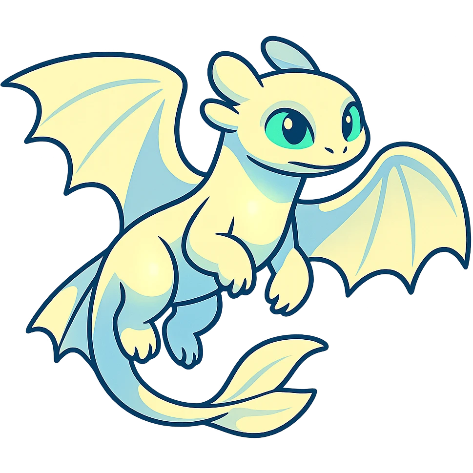 elegant and glowing Light Fury dragon, inspired by How to Train Your Dragon, dynamic cartoon style emoji