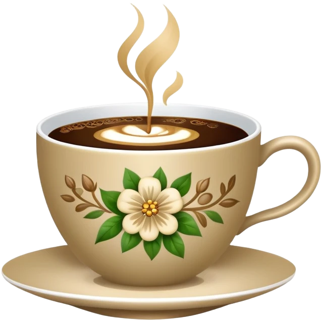 Cinematic Realistic sophisticated cup filled with khaki coffee with flower ornament emoji