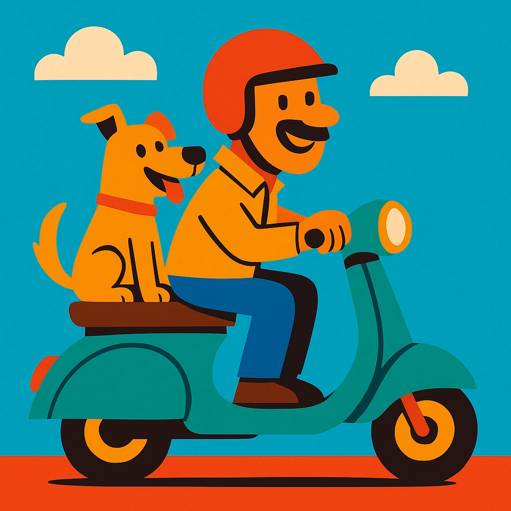 man and his pet dog riding a vespa emoji