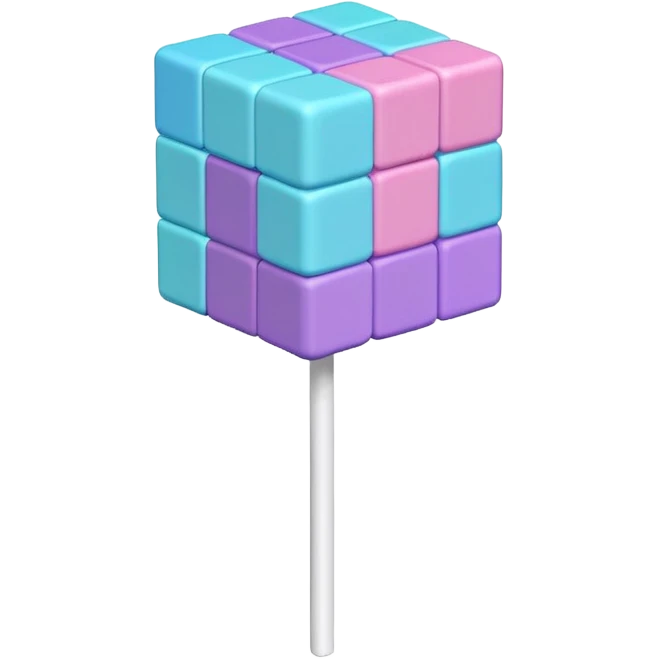Sure! Here’s a shorter Genmoji prompt:  ⸻  Prompt: Pastel cube lollipop with stacked blocks in pink, purple, blue, and cyan. Textured, voxel-style, on a white stick. emoji