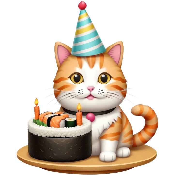 cat with a birthday cake made out of sushi emoji