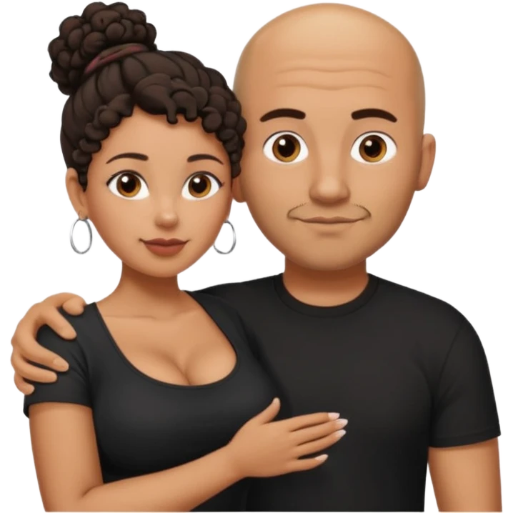 A picture of a tanned couple with the man's arm on her. the man is a Mexican man with tanned skin, a bald hair cut, short beard and wearing a black shirt. the woman is mixed, with curly dark brown hair in a messy bun and with big boobs  emoji