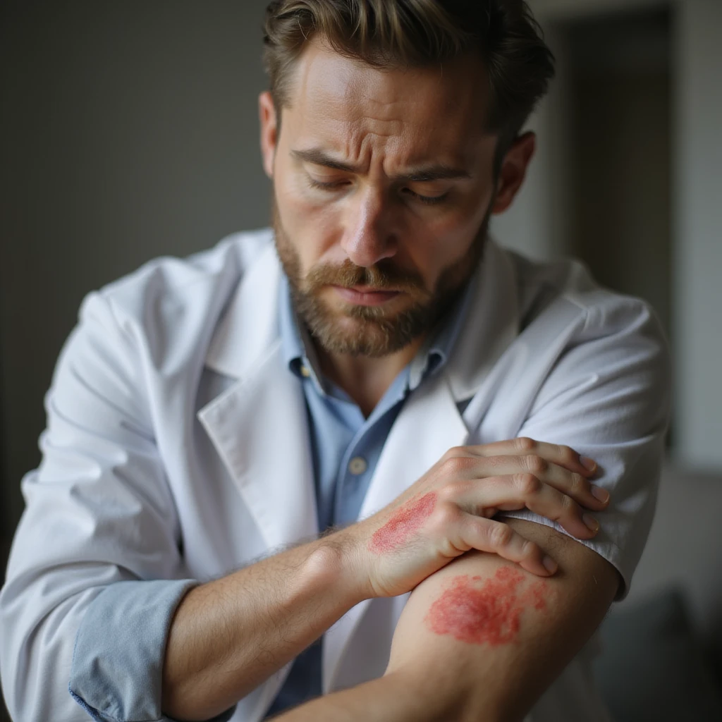 realistic man with red, inflamed rash on arm, gently touching it with concern, soft lighting, neutral home or clinical background, medical realism, dermatology focus, 4K emoji