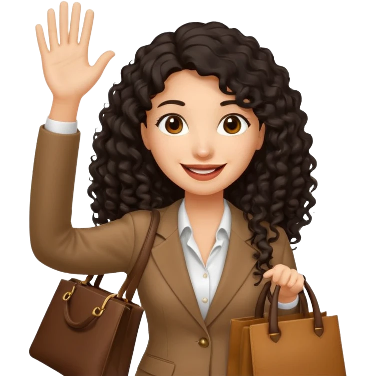 medium deep tan brown business woman with long black curly hair, waving hand with happy face with smile mouth and carrying bag on her shoulder emoji