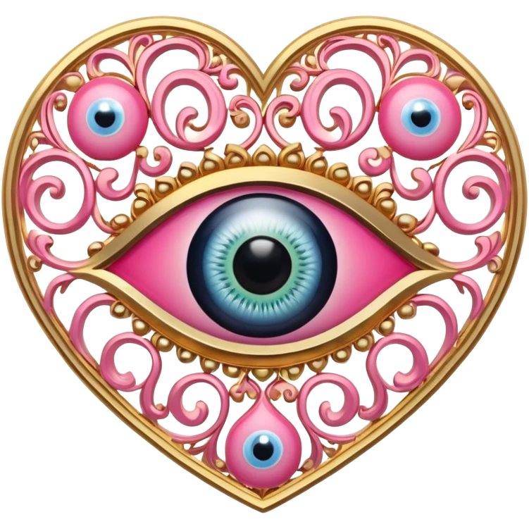 Turkish pink evil-eye circular symbol inside of a gold heart emoji