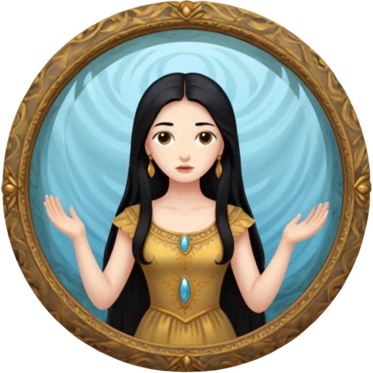 Woman facing ancient mirror, reflection slightly delayed and darker emoji