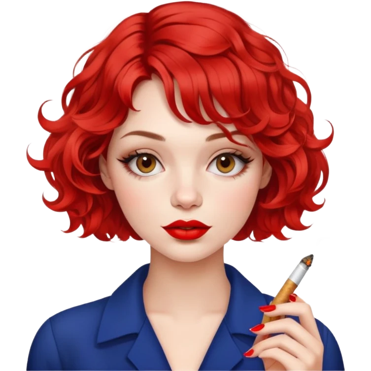 Alluring French girl french wavy textured bob haircut tousled hair red lips and cigarette emoji